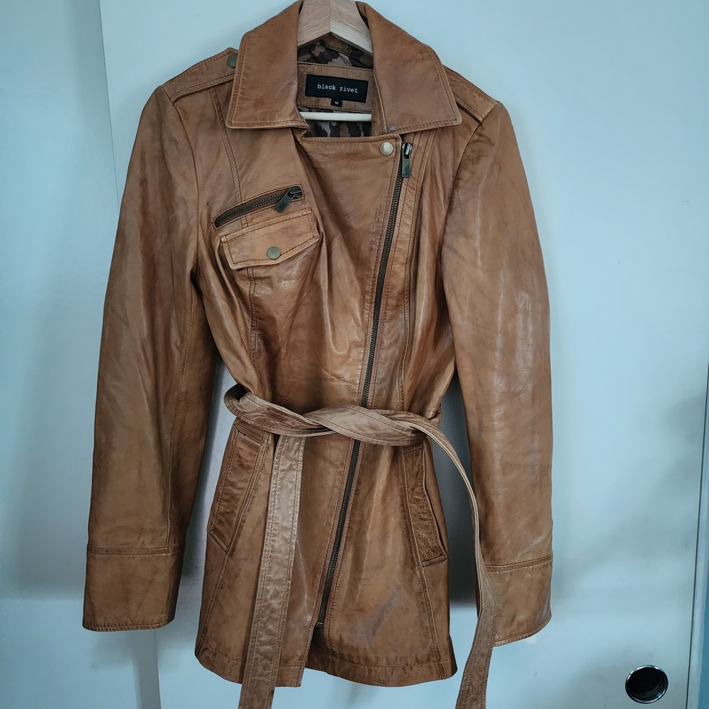 Black Rivet Leather Moto Jacket Womens Medium Cognac Excellent Belted Leopard